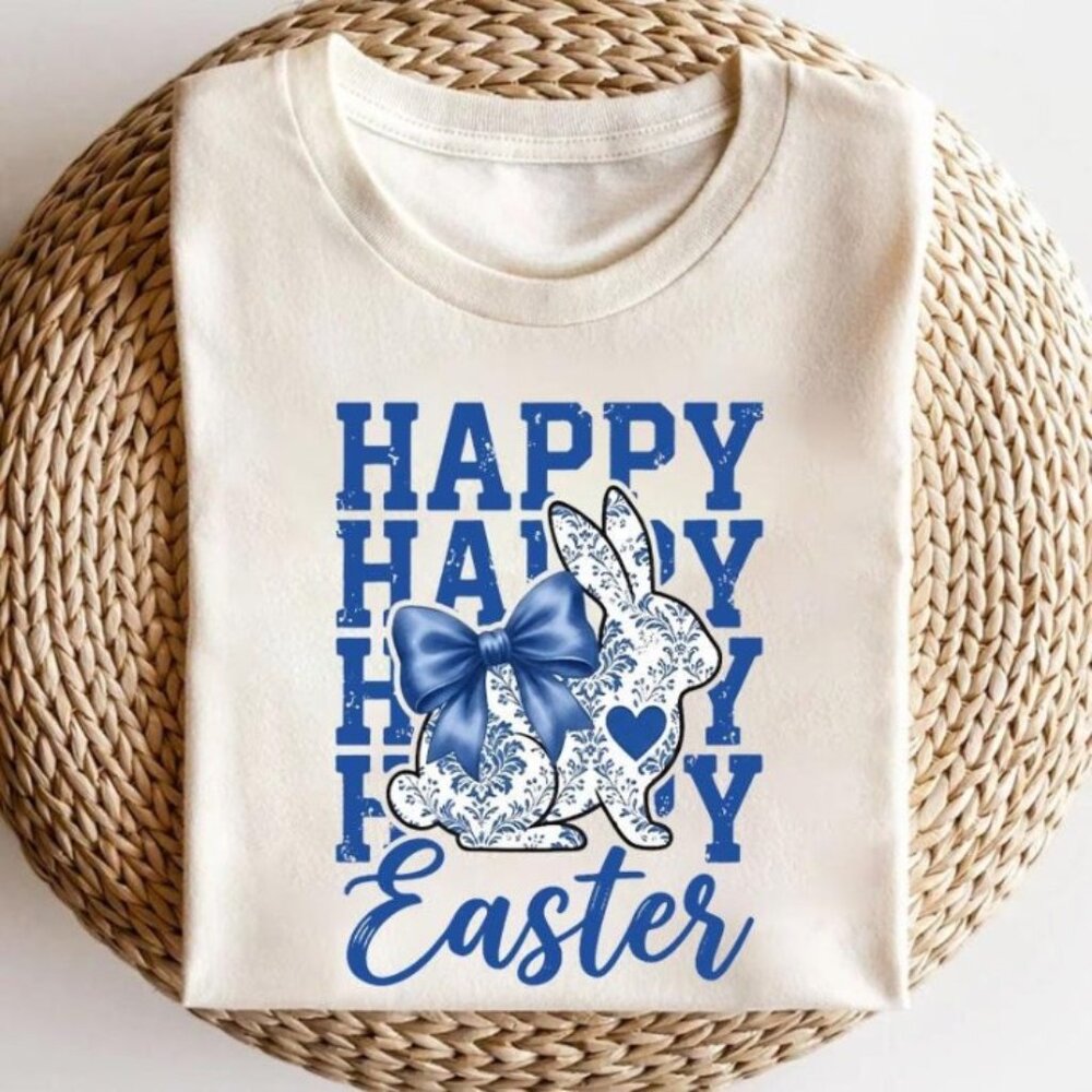 Happy Easter Bunny Shirt, Blue Floral Bunny Easter Shirt